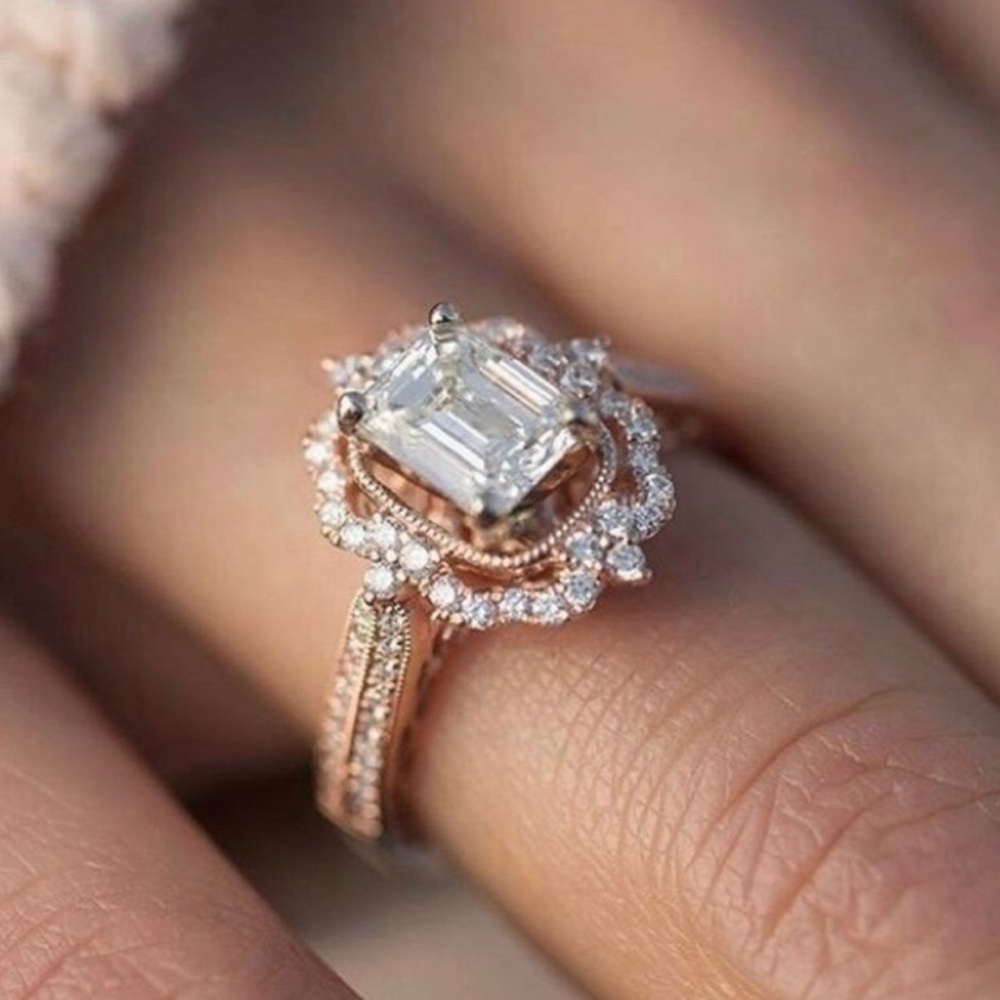 18K Strawberry Gold Diamond Halo Ring - Picture 1 of 5
